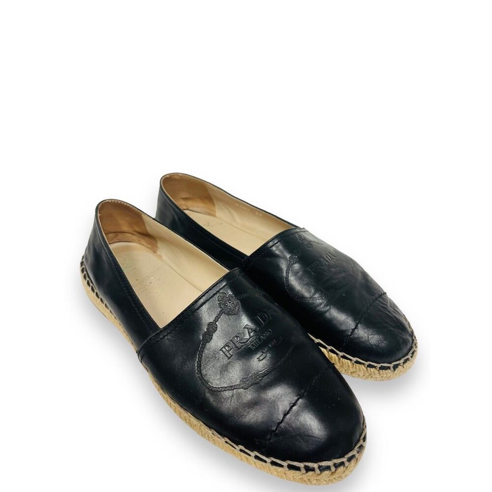 PRADA Black Leather Embossed Logo Espadrilles Flats Size 38 US 8 - Picture 2 of 6